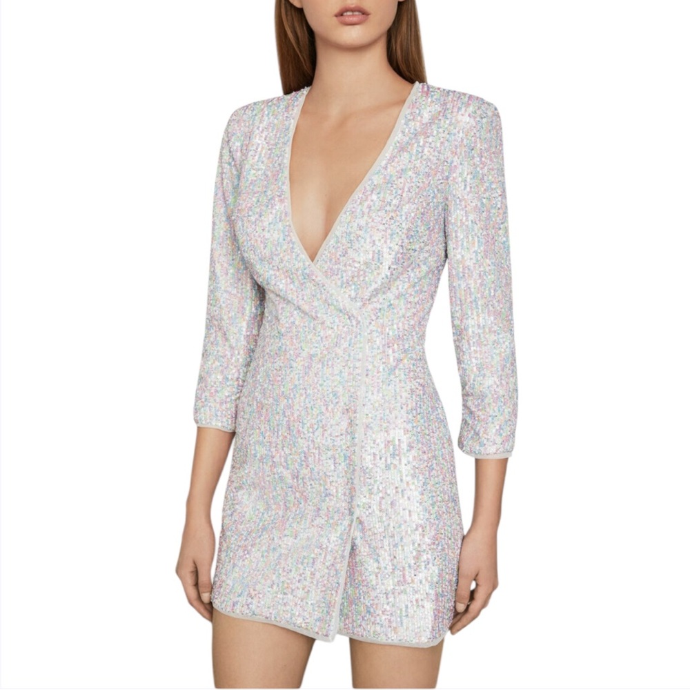 BCBGMAXAZRIA Mini Sequin Dress French Rose Size Large Full Wrap 3/4 Sleeves